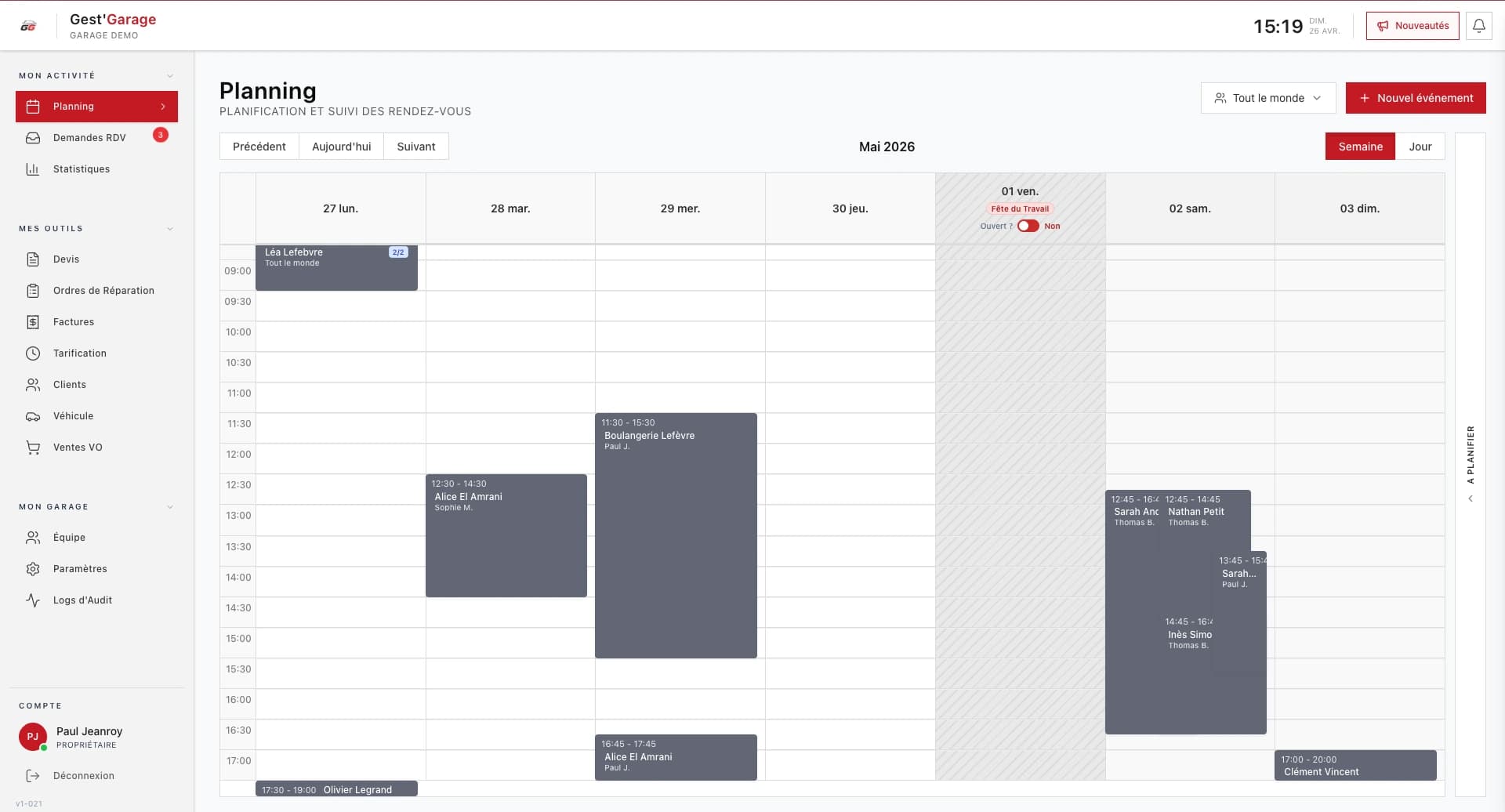 Logiciel de gestion pour garage : planning de l'atelier dans Gest'Garage